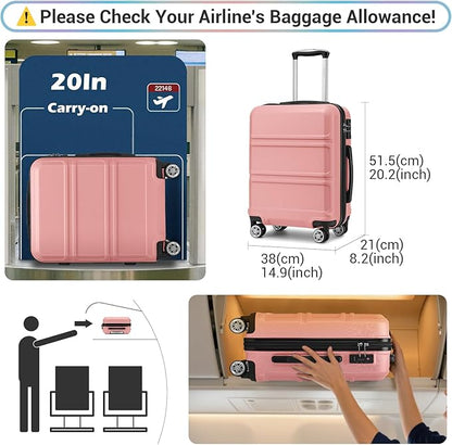 Kono 20'' Carry on Luggage with Spinner Wheel TSA Lock, Lightweight PC+ABS Hardside Luggage Small Carry on Suitcase Nude
