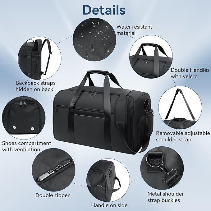 GARPROVM Garment Duffle Bags for Travel, 4 in 1 Convertible Garment Bags with Separated Suit Bag Shoe Compartment, Waterproof Carry On Luggage Bag Backpack for Short Trip, Weekender Bag for Men Women