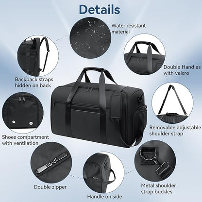 GARPROVM Garment Duffle Bags for Travel, 4 in 1 Convertible Garment Bags with Separated Suit Bag Shoe Compartment, Waterproof Carry On Luggage Bag Backpack for Short Trip, Weekender Bag for Men Women