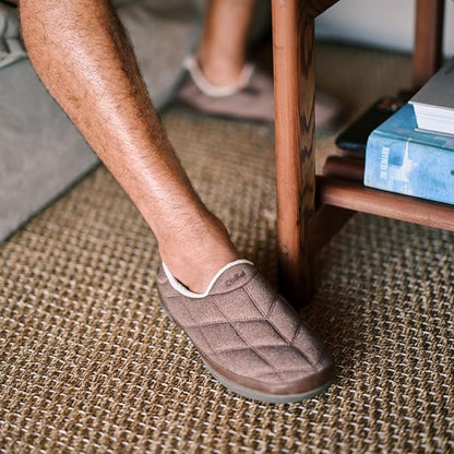 OLUKAI Puku'i Men's Fleece Slippers, Comfortable Activewear Slippers, Premium Full-Grain Leather & Jersey Knit, Drop-In Heel & All-Day Comfort
