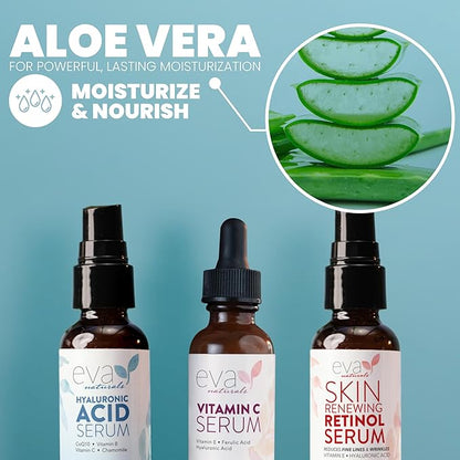Eva Naturals Anti-Aging Serum Set – Vitamin C, Retinol & Hyaluronic Acid Serums for Face, Hydrating Bundle for Skin, Fine Lines, Wrinkles, Collagen, Firming, Plumping, Radiance & Youthful Hydration