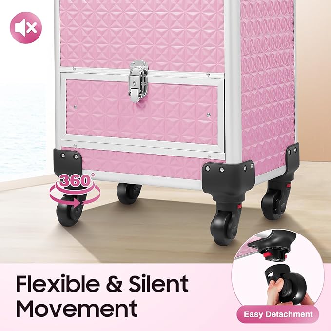 Portable Makeup Organizer Suitcase, Stylist Beauty Salon Cosmetic Luggage, Makeup Train Case w/ 4 Removable Wheels & Sliding Drawers for Barber Store