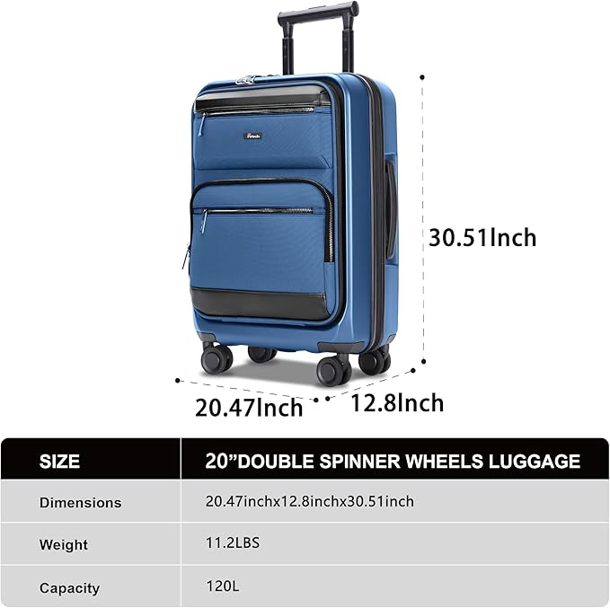 Luggage Sets 2 Piece, Carry On Luggage with Front Pocket & USB Port and 28 Inch Expandable Checked Luggage, Hybrid Soft Front & Hard Shell Suitcases with Spinner Wheels & TSA Lock, Blue