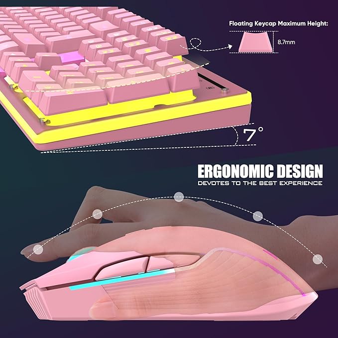 RedThunder K10 Wireless Gaming Keyboard and Mouse Combo, LED Backlit Rechargeable 3800mAh Battery, Mechanical Feel Anti-ghosting Keyboard + 7D 3200DPI Mice for PC Gamer (Pink)
