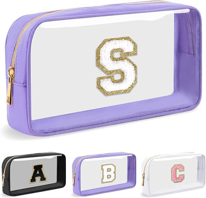 Personalized Initial Letter Clear Preppy Makeup Bag, Purple Chenille Letter Nylon Cosmetic Zipper Pouch, TSA Approved Travel Toiletry Bag, Monogram Makeup Case Gift for Women