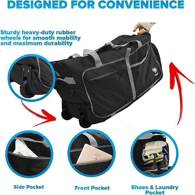 Bago Rolling Duffle Bag with Wheels - 27" 80L Foldable Weekender Bag, Waterproof Travel Duffel Bag, Heavy Duty Lightweight Duffle Bag for Traveling, Rolling Duffel Bag with Wheels (Black2023)