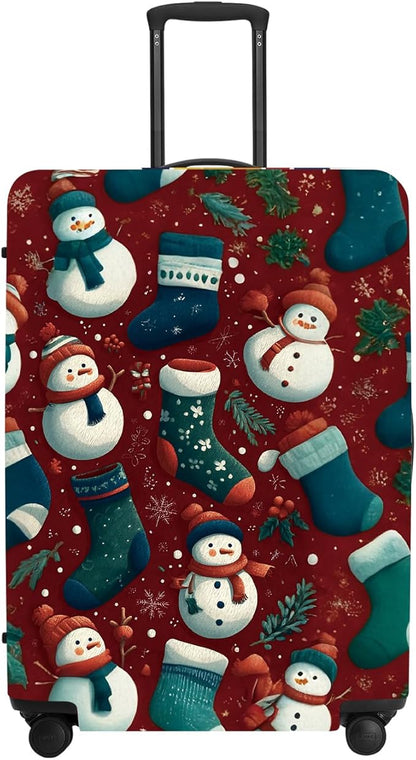 Christmas Luggage Cover - Allover Green Socks and White Snowmen Pattern on Dark Background, Stretchable Suitcase Protector for 24 26 Inch Travel Bags
