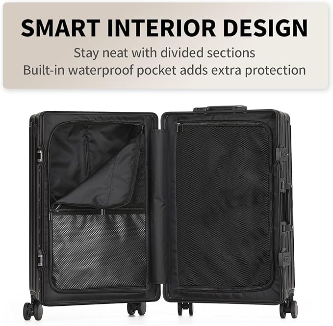 24 Inch Aluminum Frame Checked Travel Luggage with Spinner Wheels,Zipperless Hard Shell Suitcases with TSA Approved USB Port,Cup & Phone Holder for Women Men,Black