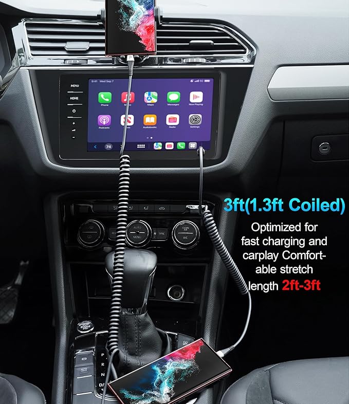 Coiled USBC to USBC Cables for Car 3FT/5FT, USB C to USB C Fast Charging Cables Short Type C Cord for iPhone 17/16/15/Pro/Plus/Pro Max/Samsung Galaxy S23, Compatible All Type C Devices-Silver 2Pack