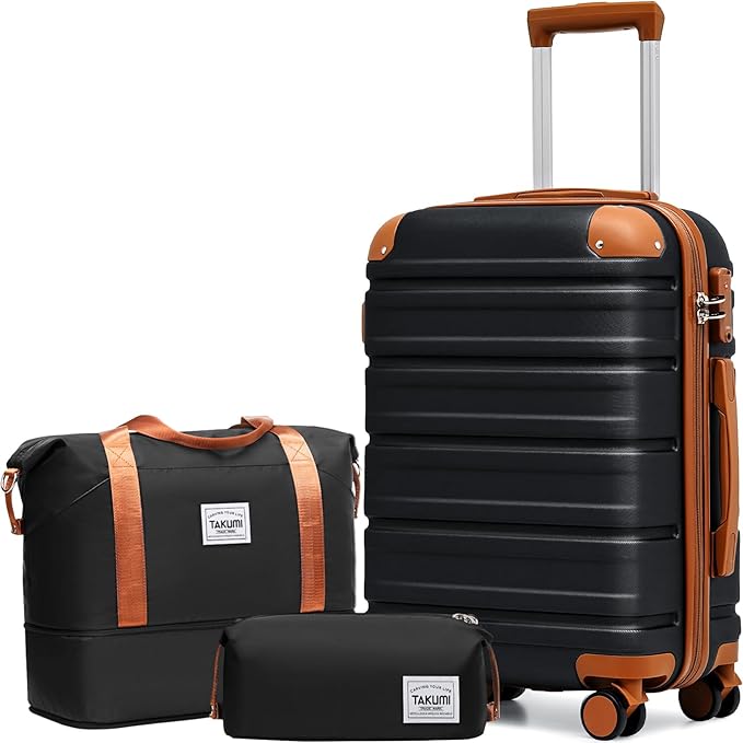TAKUMI Carry On Luggage Set 3 Piece ABS+PC Hardshell Suitcases with Duffel Bag Double Spinner Wheels Travel Luggage with TSA Lock Lightweight Suitcase Set(BLACK BROWN, 3 PIECE SET(20/DB/TB))