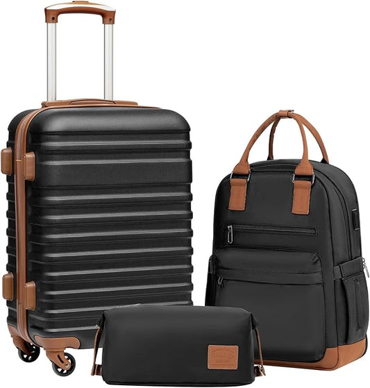 Coolife Luggage Sets Suitcase Set 3 Piece Luggage Set Carry On Hardside Luggage with TSA Lock Spinner Wheels (Black, 3 piece set (BP/TB/20))