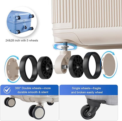 Travel Luggage Sets 3 Piece with Spinner Wheels, PC Hardside Suitcase Set for Family Trips with Cup and Phone Holder, Beige