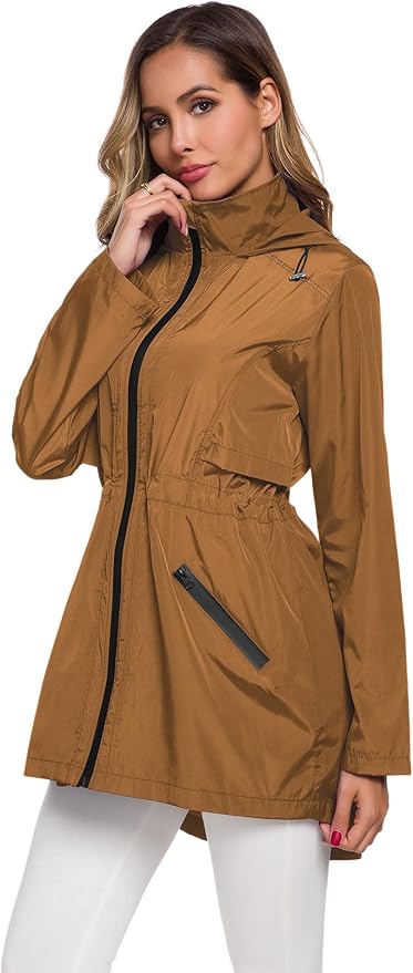 Avoogue Women's Long Raincoat with Hood Outdoor Lightweight Windbreaker Rain Jacket Waterproof