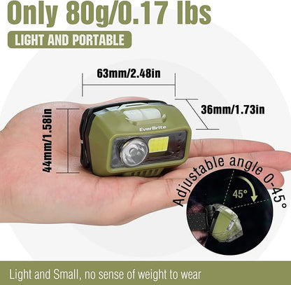 EverBrite Rechargeable Headlamp, LED Bright Motion Sensor Head Lamp Flashlight with 9 Modes, Adjustable Headlight for Adults with White Red Light, Water Resistant, Green, for Hiking, Running, Camping
