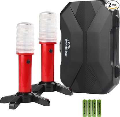 Twinkle Star Emergency Roadside Flares Kit LED Safety Strobe Road Warning Light Highway Beacon Alert Flare with Magnetic Base, Detachable Stand, Solid Storage Case (Set of 2) New