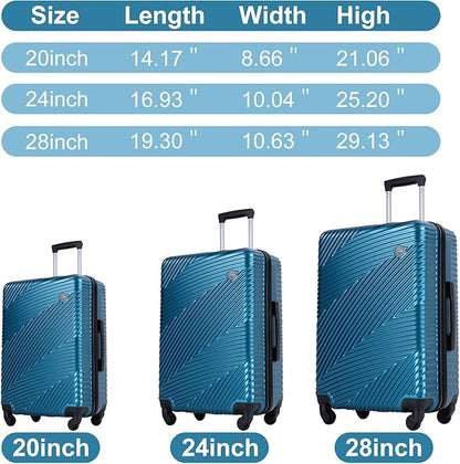 Luggage Sets 3 Piece, Hardside PC ABS Suitcase Set with Spinner Wheels, Lightweight Travel Carry-on and Checked Luggage, 3-Piece Set(20/24/28), Turquoise Blue
