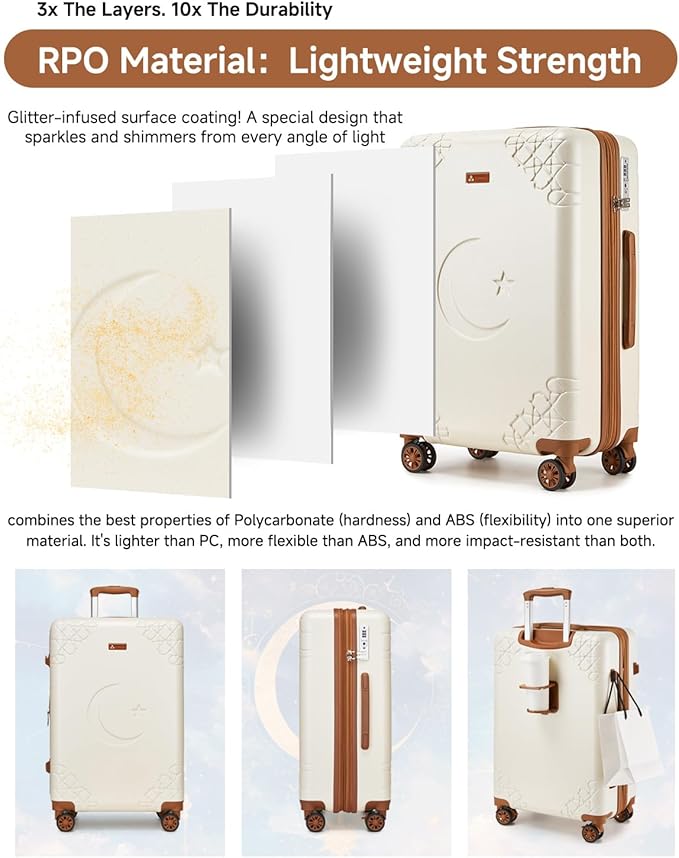 Somago Expandable 2-Piece Luggage Sets 20"/24" Suitcases with Shock-Absorbing Braking Spinner Wheels Moon Star Design Hard Shell Suitcase with Cupholder TSA Lock (Beige White,Expandable 20/24 Inch)