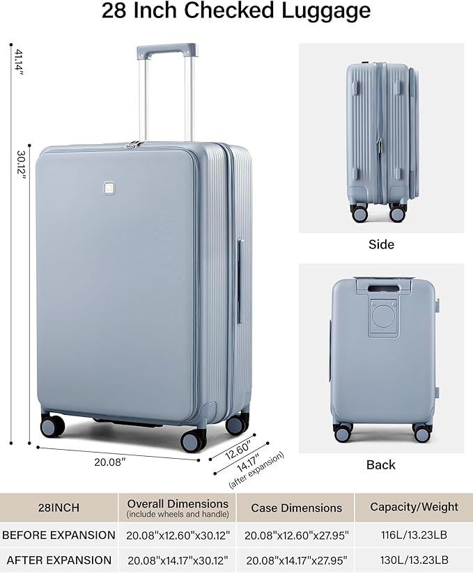 Hanke Expandable 28 Inch Luggage with Spinner Wheels Top Opening Travel Luggage Hard Shell Rolling Suitcases Large Lightweight Checked Luggage with Cup Holder(Grey)