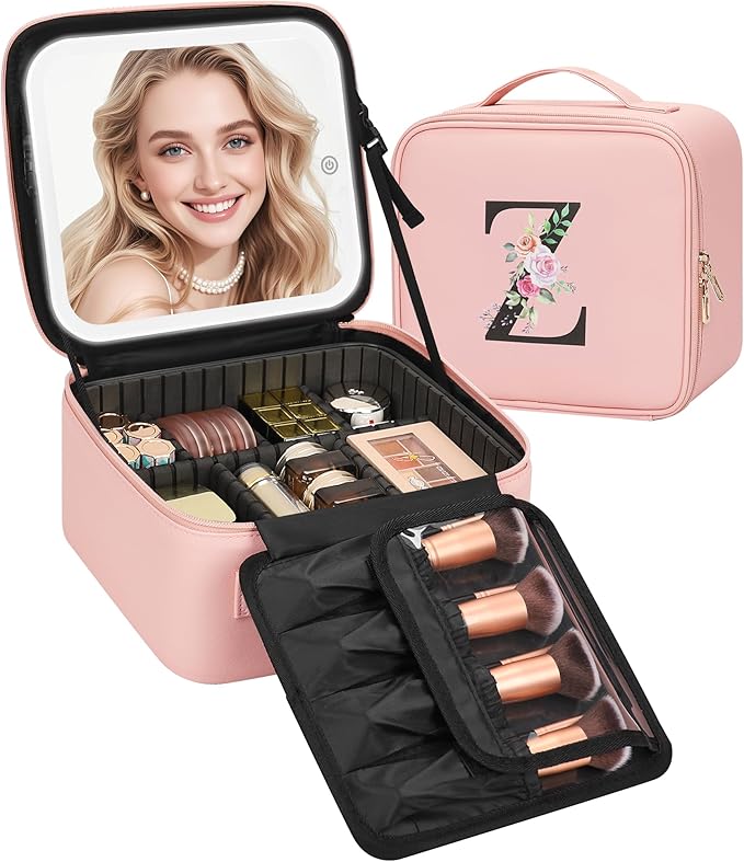 Relavel Initial Makeup Bag with LED Mirror for Women Girls, Personalized Travel Cosmetic Organizer Train Case, Birthday Gifts for Grandkids Bridesmaid Graduation Teacher Friends, Trendy Stuff, Pink Z