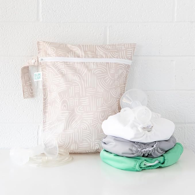 Bumkins - Waterproof Wet Bag & Wet/Dry Clutch Bags - For Beach, Baby, Travel, Swim Suit, Cloth Diapers, Pump Parts, Pool, Gym, Toiletries - Reusable & Easy to Clean - Boho Beige - 2 Pack