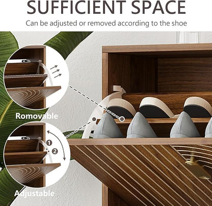 Spaco Walnut Shoe Cabinet with 2 Flip Drawers for Entryway,Narrow Shoe Storage Cabinet with Wood Leg,Freestanding Slim Shoe Organizer for Entryway, Hallway