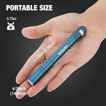 WORKPRO LED Pen Light, Aluminum Pen Flashlights, Pocket Flashlight with Clip for Inspection, Emergency, Everyday, 2AAA Batteries Included, Blue (4-Pack)