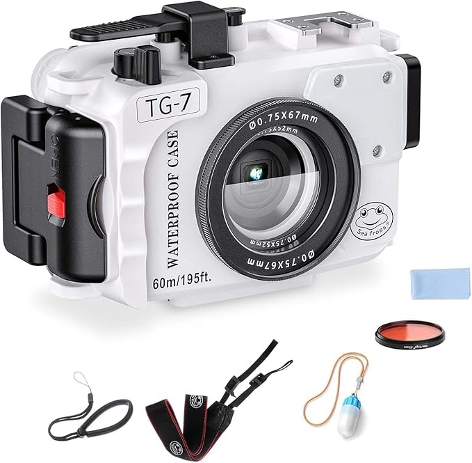 Sea frogs Camera Housing Compatible with Olympus TG7, with Red Filter and Signal Lamp, Waterproof IPX8 Rated, 60m/197ft Depth Protection Underwater Camera Case, White