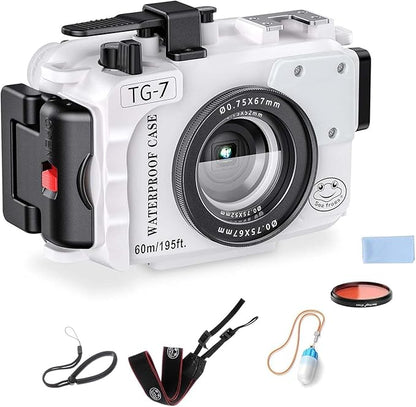 Sea frogs Camera Housing Compatible with Olympus TG7, with Red Filter and Signal Lamp, Waterproof IPX8 Rated, 60m/197ft Depth Protection Underwater Camera Case, White