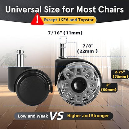 Office Chair Wheels Replacement, 2.5 Inch Heavy Duty Caster Set, for Carpet and Hardwood Floors, Universal Size 11x22mm, Fits 99%, Grey