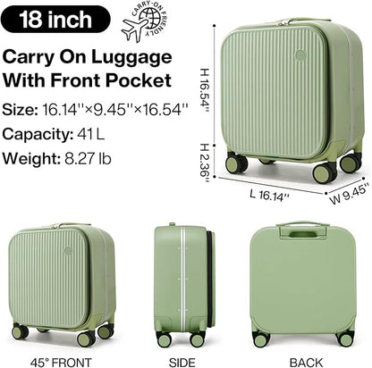 mixi Carry On Luggage, 18'' Suitcases with Spinner Wheels, Rolling Travel Suitcase with Front Laptop Pocket Luggage Aluminum Frame PC Hardside with TSA Lock and Cover, Avocado Green