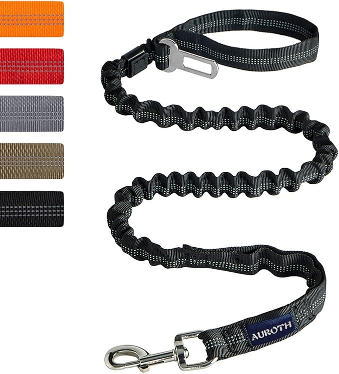 AUROTH Heavy Duty Bungee Dog Leash for Medium Large Breed Dogs, No Pull for Shock Absorption with Car Seat Belt, 2 Padded Handles 4.5FT 6FT Training Dog Leash (MAX: 4.5 FT, Black01)