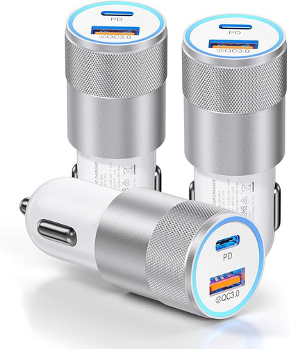 3-Pack Car Charger, Ancekoy 38W Dual Port Fast Charge PD & QC 3.0 Car Adapter Cigarette Lighter USB Plug for iPhone 16/15/14/13 Pro Max, iPad, Galaxy S25/S24/S23 and More (White)