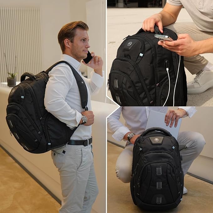Swissdigital Design Men's Travel Laptop Backpack, TSA Friendly USB Charging RFID Protection Backpack for College and Business, Fits 17" Laptops Black | SD1644FB-01