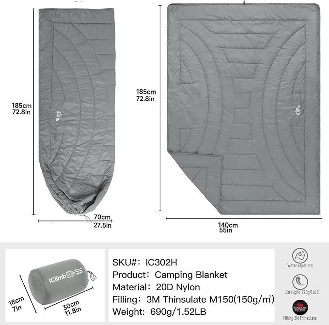 iClimb 3M Thinsulate Insulation Warm Camping Blanket Ultralight Compact