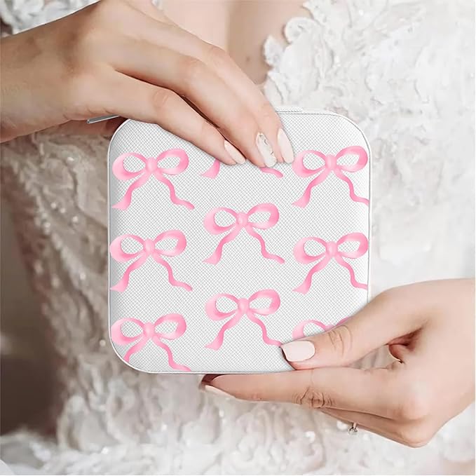 MAYCARI Jewelry Box with Cute Pink Bow Pattern Design, PU Leather Jewelry Travel Organizer Case-Rings/Earrings/Necklace Storage Box for Women Birthday Mom Friends Her Bridesmaids Girls s