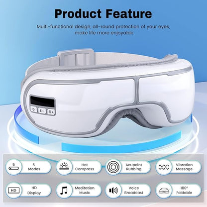 Eye Massager with Heat,Heated Eye Mask, Compression Massage,Eye Massager for Migraine Relief, Reduces Dark Circles & Strain, Improves Sleep, Ideal Gift for Men/Women,White