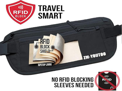 Money Belt for Travel - Hidden Travel Pouch Protect Your Credit and Money With RFID Blocking Passport Holder Waist Wallet (Black)
