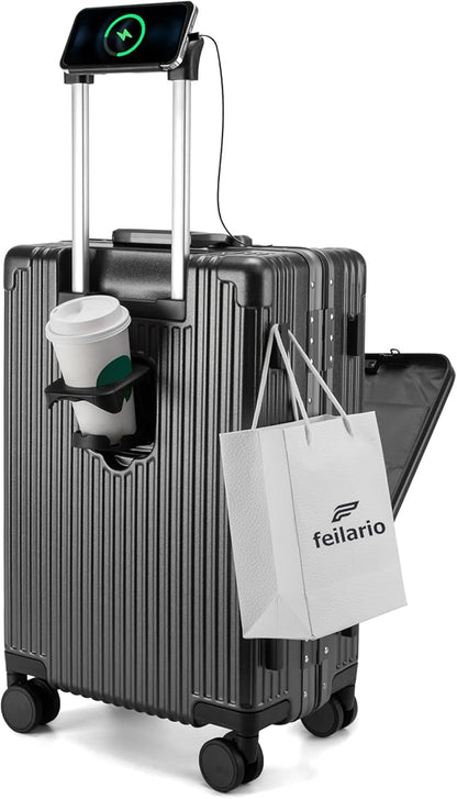 feilario 24in Aluminium Frame Zipperless PC Hard Shell Spinner Wheels Luggage, Built-In TSA lock Carry on Suitcase, with Cup Holder, USB Port, Phone Holder