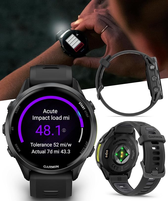 Wearable4U Garmin Forerunner 970 Carbon Gray DLC Titanium Smartwatch with Black Case and Black/Translucent Whitestone Band, AMOLED Display with Garmin HRM 600 M-L Power Bank Bundle