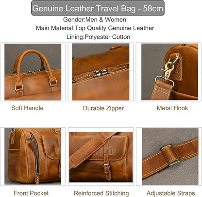Full-grain Genuine Leather Travel Bag Large Capacity Duffel Luggage Bag with Shoe Compartment, Men Women Shoulder Bag for Weekend Holiday Business Trip, Light Brown