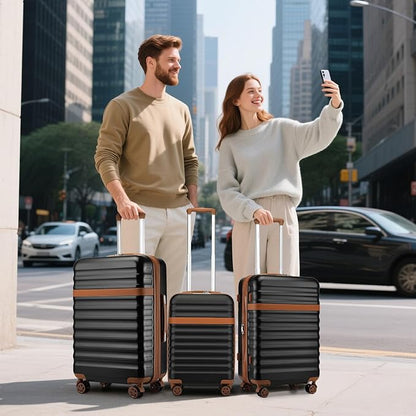 Kono Luggage Set 3 Pieces Expandable PC ABS Durable Suitcase Hardside with Double Spinner Wheels Tsa Lock Black Brown(20in/24in/28in)
