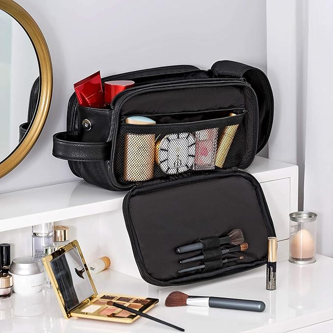 Elviros Toiletry Bag for Men, Large Travel Shaving Dopp Kit Water-resistant Bathroom Toiletries Organizer PU Leather Cosmetic Bags Fathers Day Gift(Medium, Black)