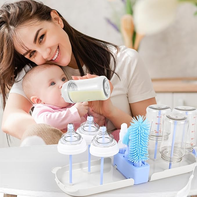 Portable 7-in-1 Baby Bottle Brush Set, Travel Cleaner Kit for Travel and Home, All-in-One Travel Baby Bottle Washing Kit: Integrated Cleaning & Drying System for Bottles and Breast Pump Parts (Blue)