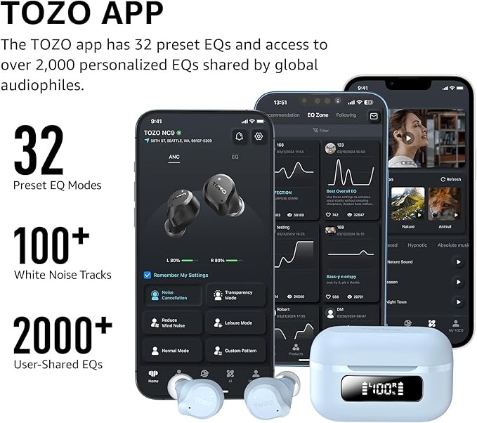 TOZO NC9 Hybrid Active Noise Cancelling Wireless Earbuds, 6 Mics ENC Clear Call, IPX8 Waterproof, in Ear Bluetooth 5.3 Headphones Stereo Bass Ear Buds 59H Playtime with LED Display 32 EQs via APP