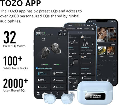 TOZO NC9 Hybrid Active Noise Cancelling Wireless Earbuds, 6 Mics ENC Clear Call, IPX8 Waterproof, in Ear Bluetooth 5.3 Headphones Stereo Bass Ear Buds 59H Playtime with LED Display 32 EQs via APP