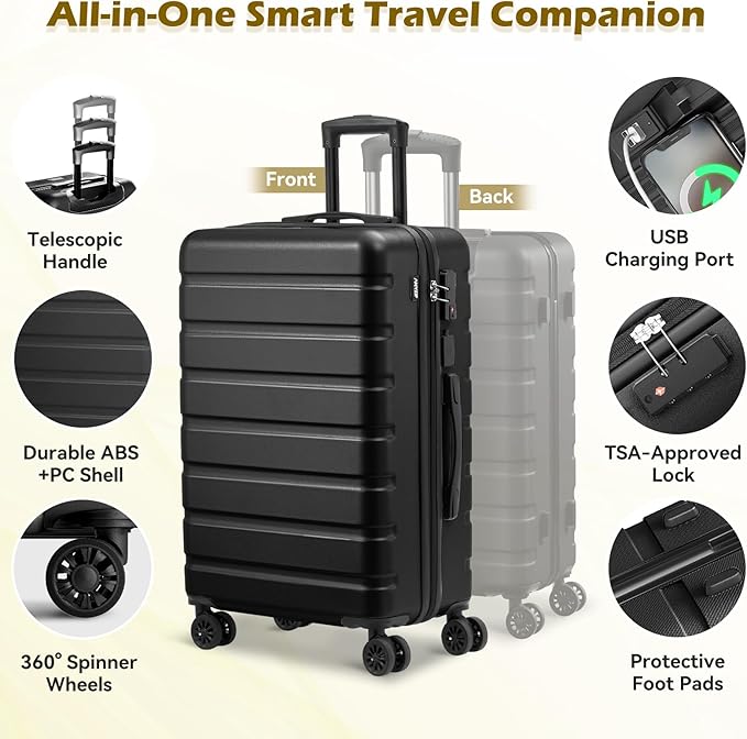AnyZip Suitcase Hardside PC ABS Lightweight USB Luggage with Wheels TSA Lock Checked-Large 28 Inch Black