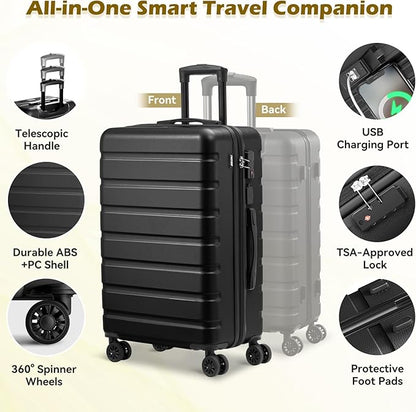 AnyZip Suitcase Hardside PC ABS Lightweight USB Luggage with Wheels TSA Lock Checked-Large 28 Inch Black