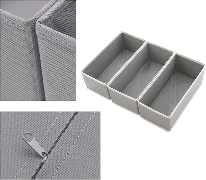 Sock Drawer Organizer 3-Pack Light Gray - Small Storage Bins for Underwear Clothes, Foldable & Removeable Fabric Dividers for Closet
