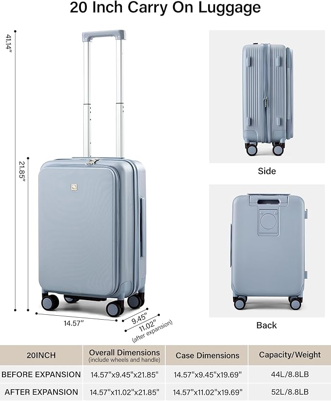 Hanke 20 Inch Expandable Carry On Luggage Airline Approved Top Opening Travel Luggage Rolling Suitcase with Cup Holder Hard Shell Suitcases with Wheels (Grey)