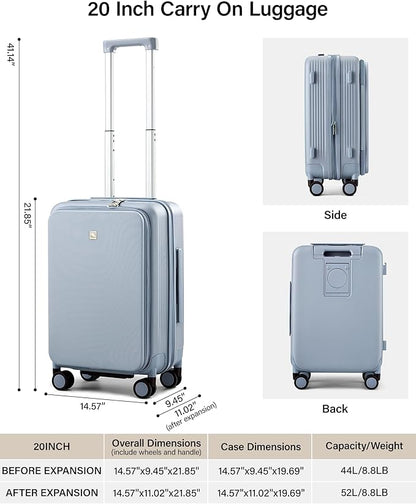 Hanke 20 Inch Expandable Carry On Luggage Airline Approved Top Opening Travel Luggage Rolling Suitcase with Cup Holder Hard Shell Suitcases with Wheels (Grey)